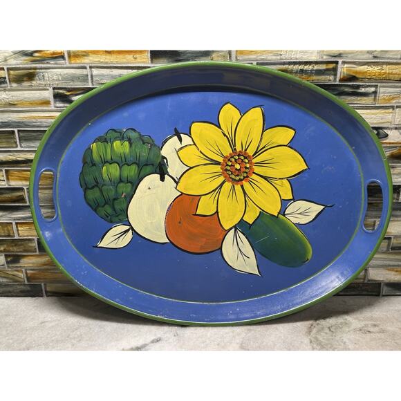 Oval Hand Decorated Tole Painted Serving Tray Floral & Fruit Design No 155 - Picture 1 of 6
